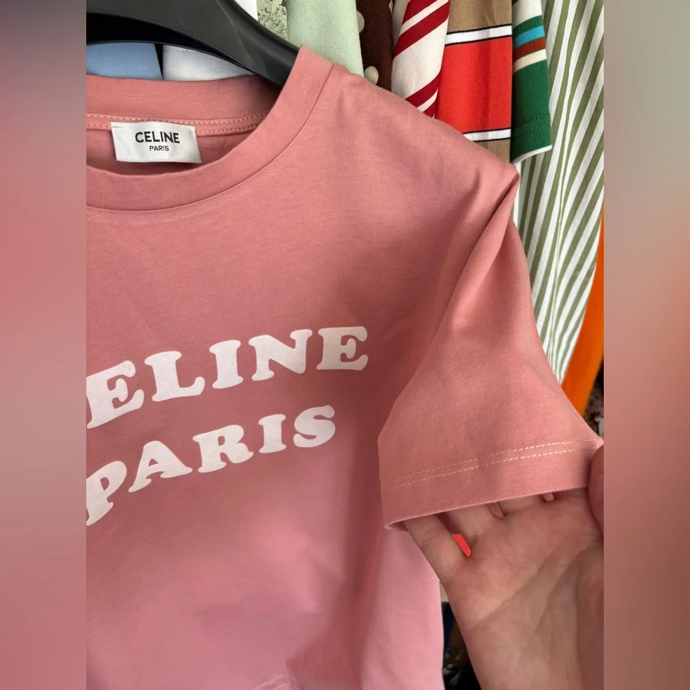 Celine Paris Logo Print Cotton T-Shirt Dust Pink Size Medium Scoop Neck Women’s - Picture 5 of 10